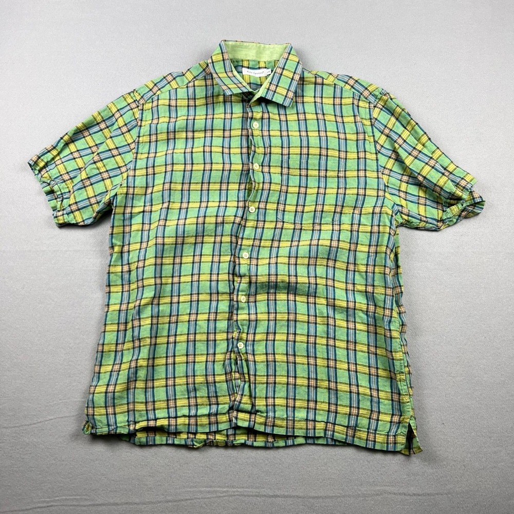 Alex Cannon Mens Large Green Plaid 100% Linen Short Sleeve Button Down Shirt